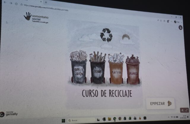 Imagen. Portada del Taller de Reciclaje y gestión de residuos proyectada en una pared.