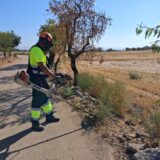Imagen. Un trabajador de la Brigada de Servicios de Somontano Social, equipado con materiales de protección, realiza unas tareas de desbroce en el entorno del cementerio municipal de Laluenga.